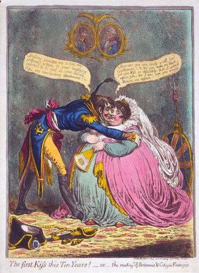 Der erste Kuss seit zehn Jahren! Oder das Treffen von Britannia und Bürger Francois, veröffentlicht 1803 (handkolorierte Gravur) von James Gillray